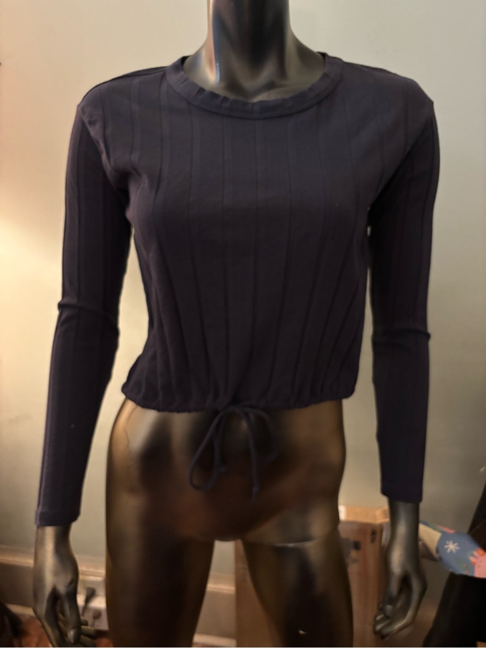 American Eagle Outfitters Navy Ribbed Long-Sleeve Tie-Hem Top